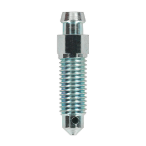 A close-up image of the Sealey Brake Bleed Screw 1/4" UNF x 28mm 28tpi Long (Pack of 10 - BS1428), featuring a threaded metal body with a hexagonal middle section and a tapered end.