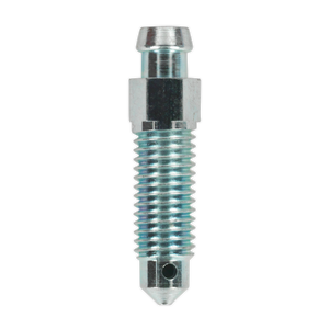 A close-up image of the Sealey Brake Bleed Screw 1/4" UNF x 28mm 28tpi Long (Pack of 10 - BS1428), featuring a threaded metal body with a hexagonal middle section and a tapered end.