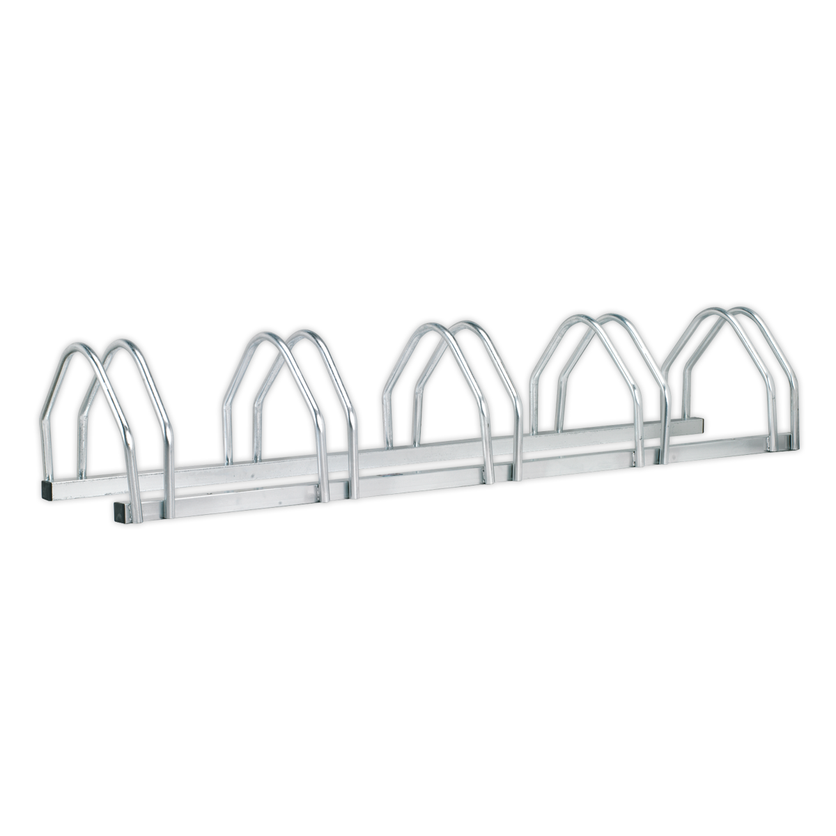 The Sealey Bicycle Rack 5 Bicycle - BS16 is a durable, heavy-duty bike rack made of galvanized steel, perfect for securely parking up to 5 bikes.