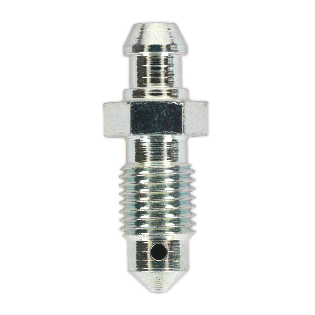 A Sealey Brake Bleed Screw 3/8"UNF x 32mm with a conical tip, hexagonal central section, and precise 24 tpi thread size, designed for effective lubrication in mechanical systems; available in a pack of 10 - model BS3824.