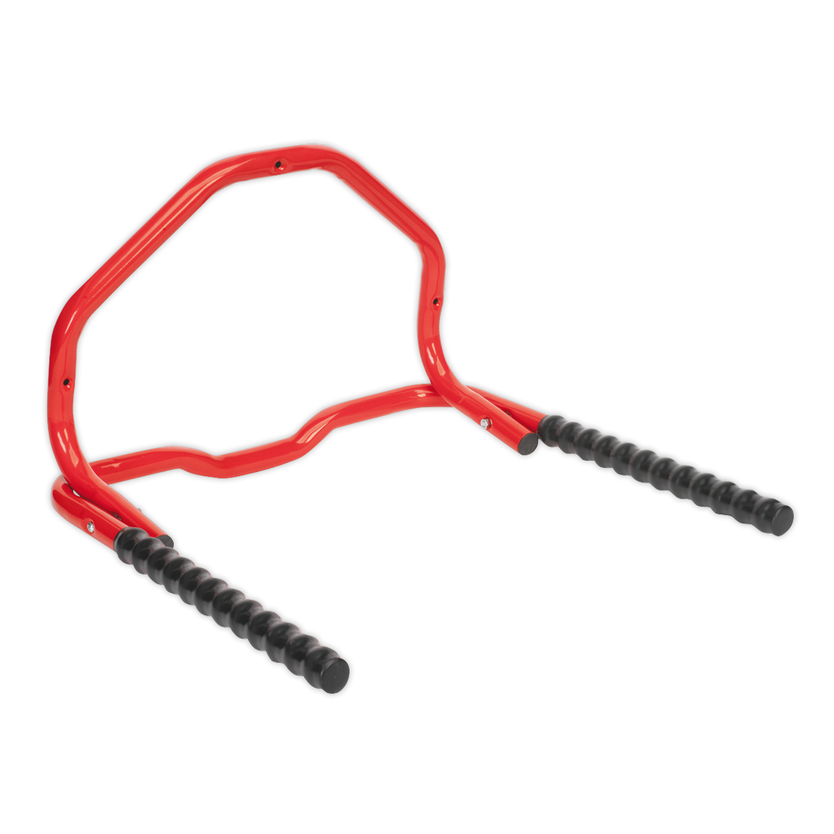 The Sealey Bicycle Rack Wall Mounting Folding - BS7 is a versatile red, metal tool with two black, ribbed grip handles that offers compact storage.