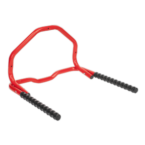 The Sealey Bicycle Rack Wall Mounting Folding - BS7 is a versatile red, metal tool with two black, ribbed grip handles that offers compact storage.