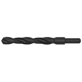 Introducing the Sealey Blacksmith Bit - Ø18 x 190mm - BSB18.0, a black metal HSS roll forged drill bit featuring a hex shank, black oxide finish, and spiral grooves designed for precise drilling purposes.