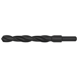 Introducing the Sealey Blacksmith Bit - Ø18 x 190mm - BSB18.0, a black metal HSS roll forged drill bit featuring a hex shank, black oxide finish, and spiral grooves designed for precise drilling purposes.