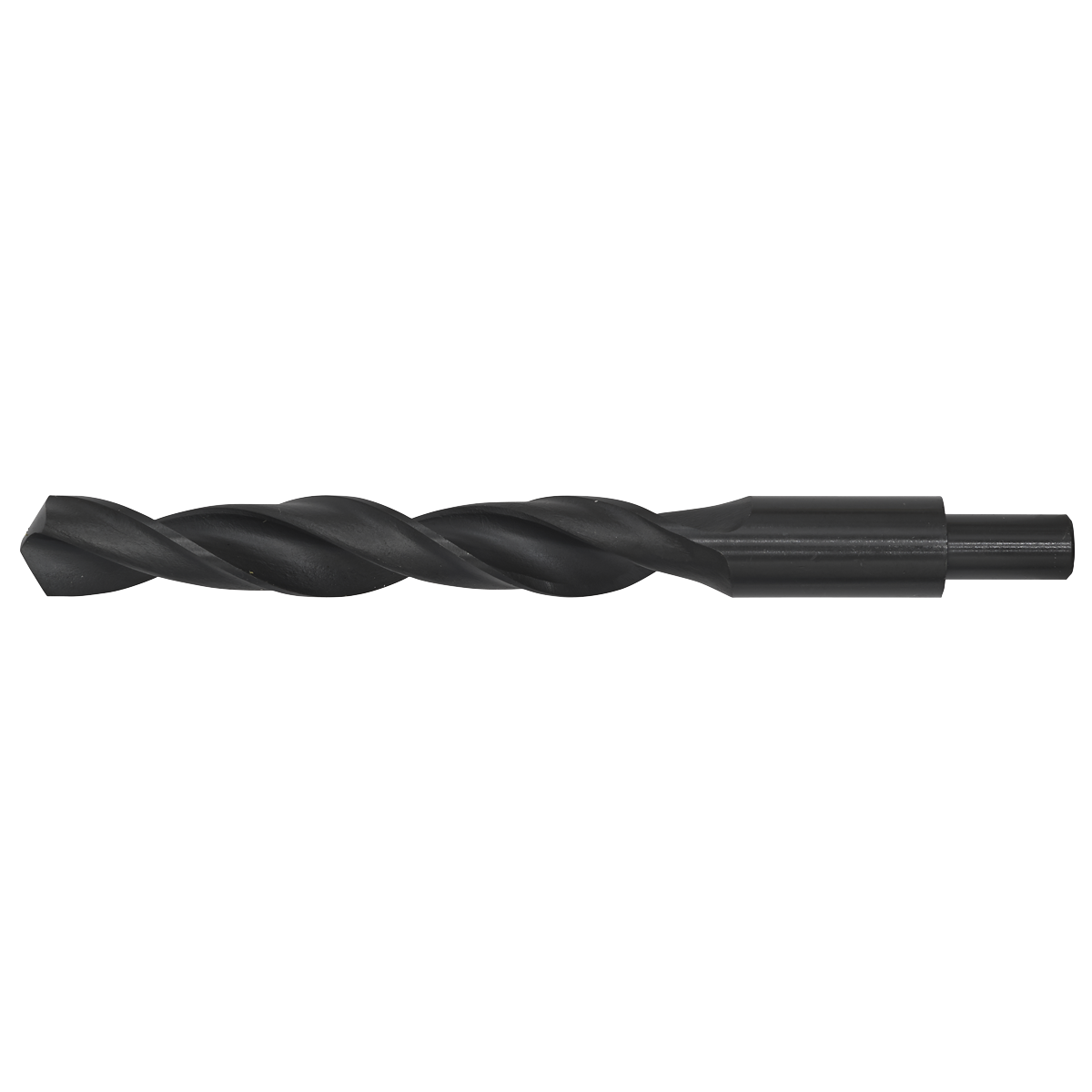 The Sealey Blacksmith Bit - Ø20 x 205mm - BSB20.0 is a high-speed steel (HSS) roll-forged drill bit with a twist design and cylindrical shank, all finished in a sleek black oxide against a white background.