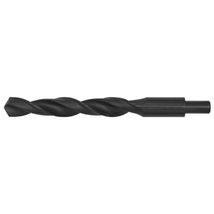 The Sealey Blacksmith Bit - Ø20 x 205mm - BSB20.0 is a high-speed steel (HSS) roll-forged drill bit with a twist design and cylindrical shank, all finished in a sleek black oxide against a white background.