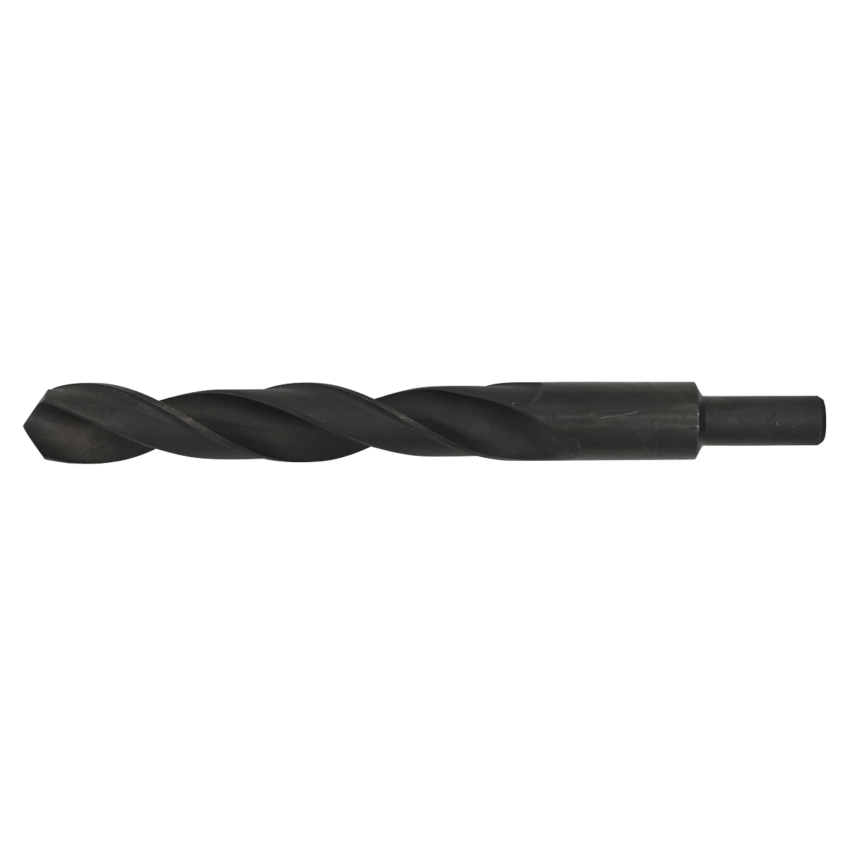 A Sealey Blacksmith Bit - Ø21.5 x 220mm (BSB21.5) with a cylindrical shaft and spiral flutes, isolated on a white background. The bit features a durable black oxide finish and is crafted as an HSS roll forged drill bit for enhanced performance.