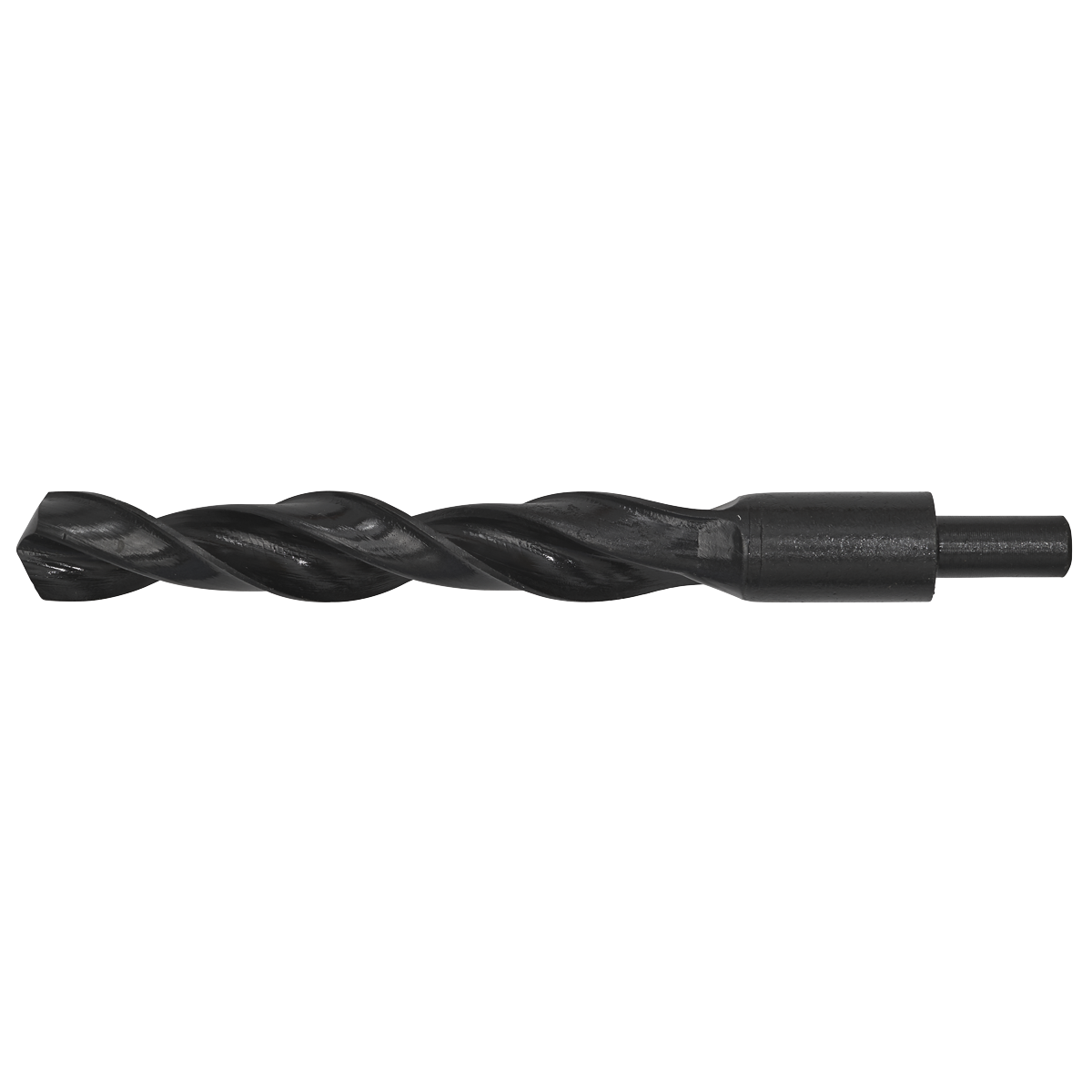 A Blacksmith Bit - Ø23 x 215mm - BSB23.0 from Sealey is shown against a white background. This high-speed steel (HSS) roll forged drill bit features a durable black oxide finish with a spiral flute, designed for cutting precise holes in various materials and ensuring longevity.