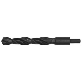 A Blacksmith Bit - Ø23 x 215mm - BSB23.0 from Sealey is shown against a white background. This high-speed steel (HSS) roll forged drill bit features a durable black oxide finish with a spiral flute, designed for cutting precise holes in various materials and ensuring longevity.