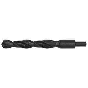 A Blacksmith Bit - Ø23 x 215mm - BSB23.0 from Sealey is shown against a white background. This high-speed steel (HSS) roll forged drill bit features a durable black oxide finish with a spiral flute, designed for cutting precise holes in various materials and ensuring longevity.