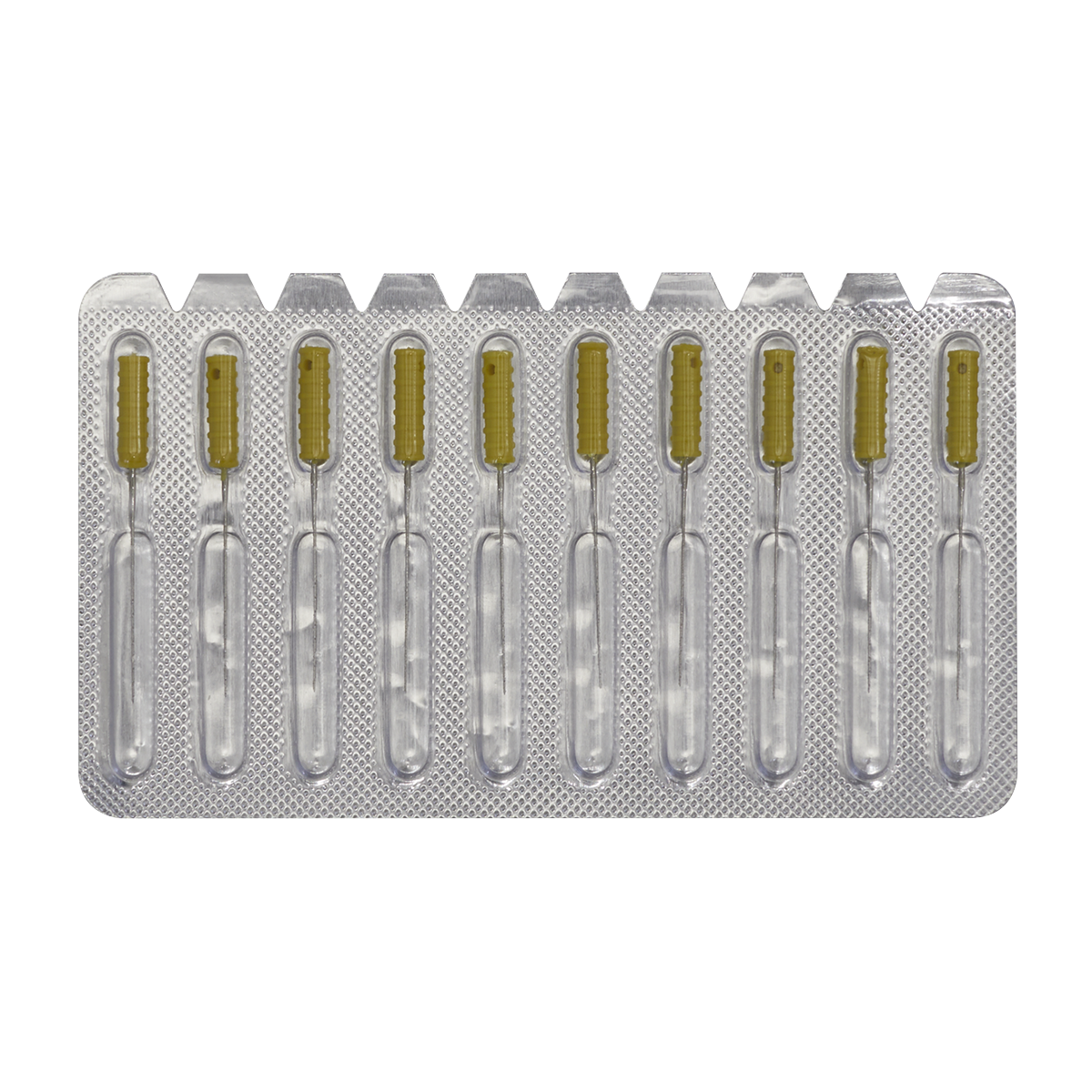 A blister pack of ten single-use plastic ampoules containing a yellowish liquid, perfect for use with the Sealey Paint Dirt Removal Needle Set, Pack of 10 - Model BSC01.