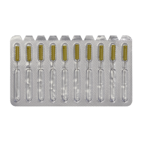A blister pack of ten single-use plastic ampoules containing a yellowish liquid, perfect for use with the Sealey Paint Dirt Removal Needle Set, Pack of 10 - Model BSC01.