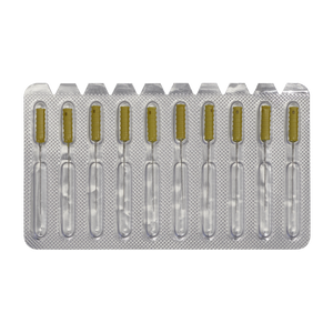 A blister pack of ten single-use plastic ampoules containing a yellowish liquid, perfect for use with the Sealey Paint Dirt Removal Needle Set, Pack of 10 - Model BSC01.