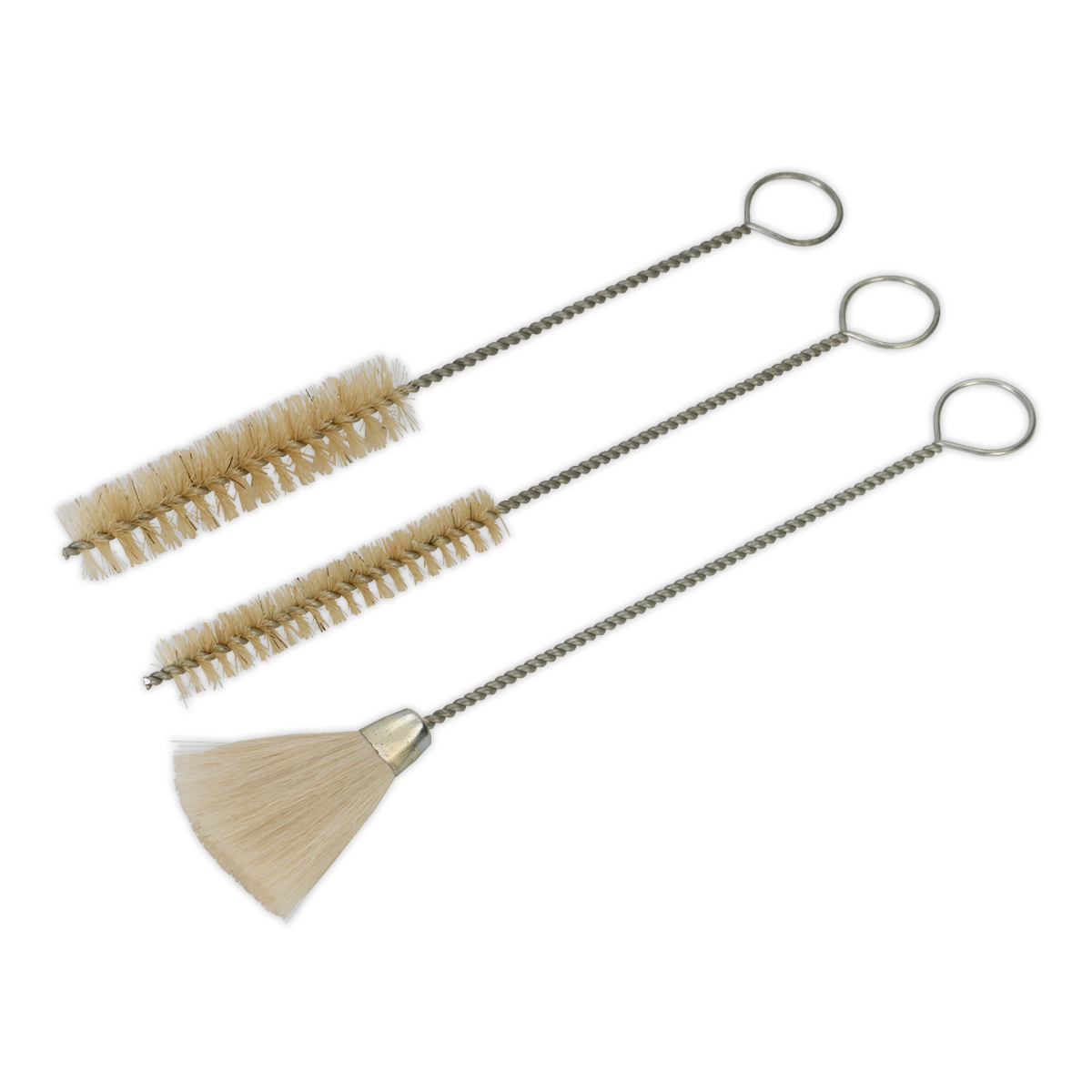 Image of the Sealey Spray Gun Cleaning Brush Set 3pc (BSGC/3), featuring two cylindrical brushes with round bristles and one with a fan-shaped head, all equipped with long, textured handles and looped ends, ideal for cleaning spray guns.