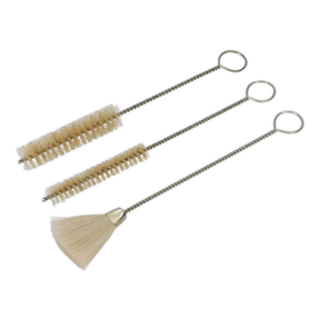 Image of the Sealey Spray Gun Cleaning Brush Set 3pc (BSGC/3), featuring two cylindrical brushes with round bristles and one with a fan-shaped head, all equipped with long, textured handles and looped ends, ideal for cleaning spray guns.