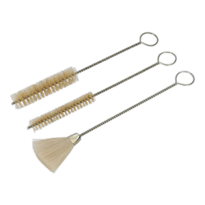 Image of the Sealey Spray Gun Cleaning Brush Set 3pc (BSGC/3), featuring two cylindrical brushes with round bristles and one with a fan-shaped head, all equipped with long, textured handles and looped ends, ideal for cleaning spray guns.