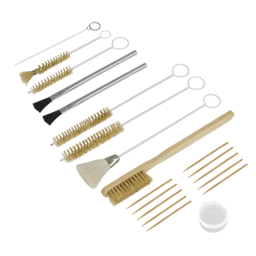 The Sealey Spray Gun Cleaning Set 20pc - BSGC2 includes a variety of brushes with metal and wooden handles, small wooden picks, detailed work probes, a metal tool featuring a looped handle, and a compact plastic container for all your cleaning needs.