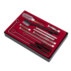 The Sealey Spray Gun Cleaning Set 22pc - BSGC5 includes various brushes, rods, and precision probes meticulously arranged in a red foam tray inside a black case.