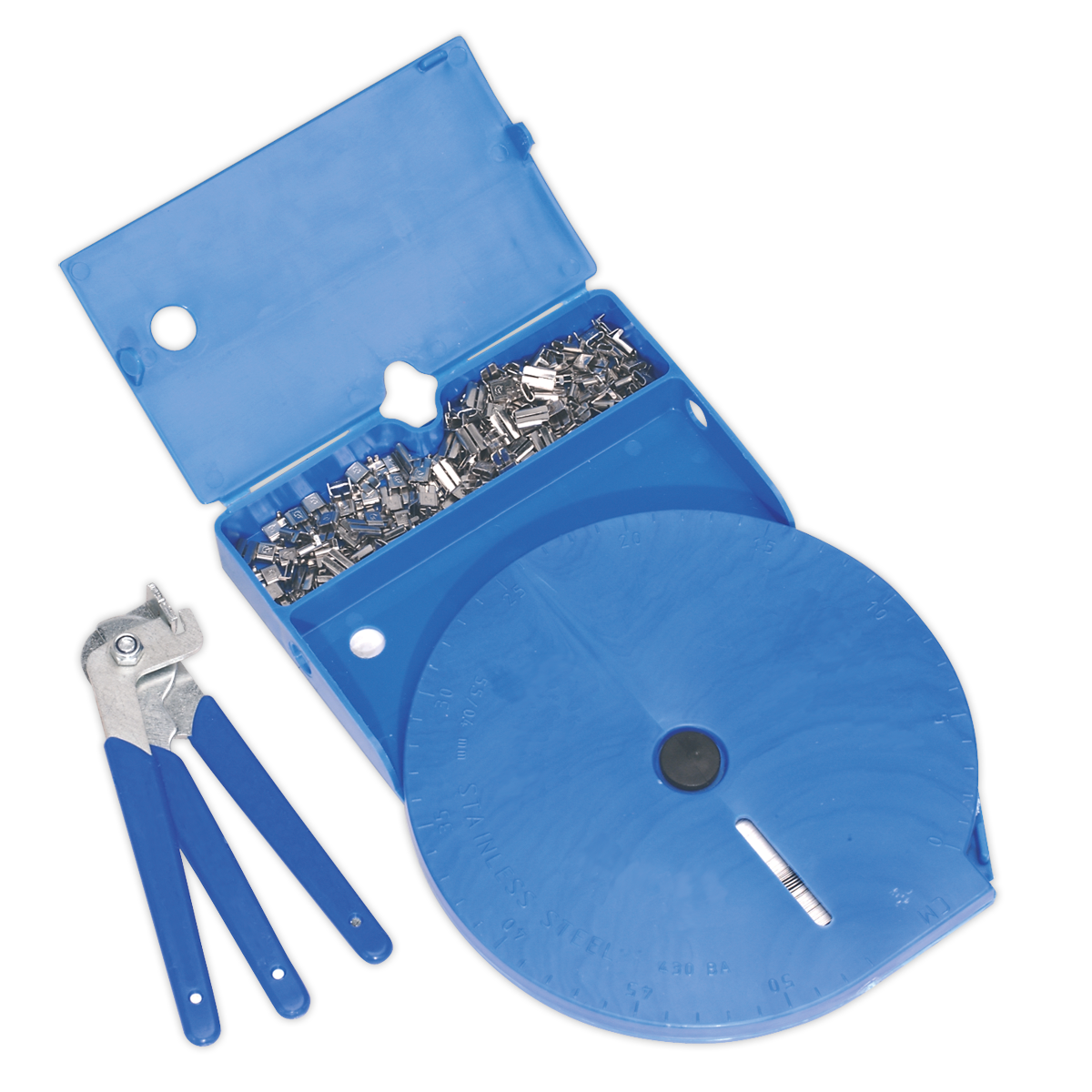 The CVJ Boot Universal Clamp Kit - BSL102 by Sealey includes a blue plastic case containing metal fasteners and a label dispenser roll, alongside a set of distinctive blue-handled crimping tools, ideal for your stainless steel banding needs.