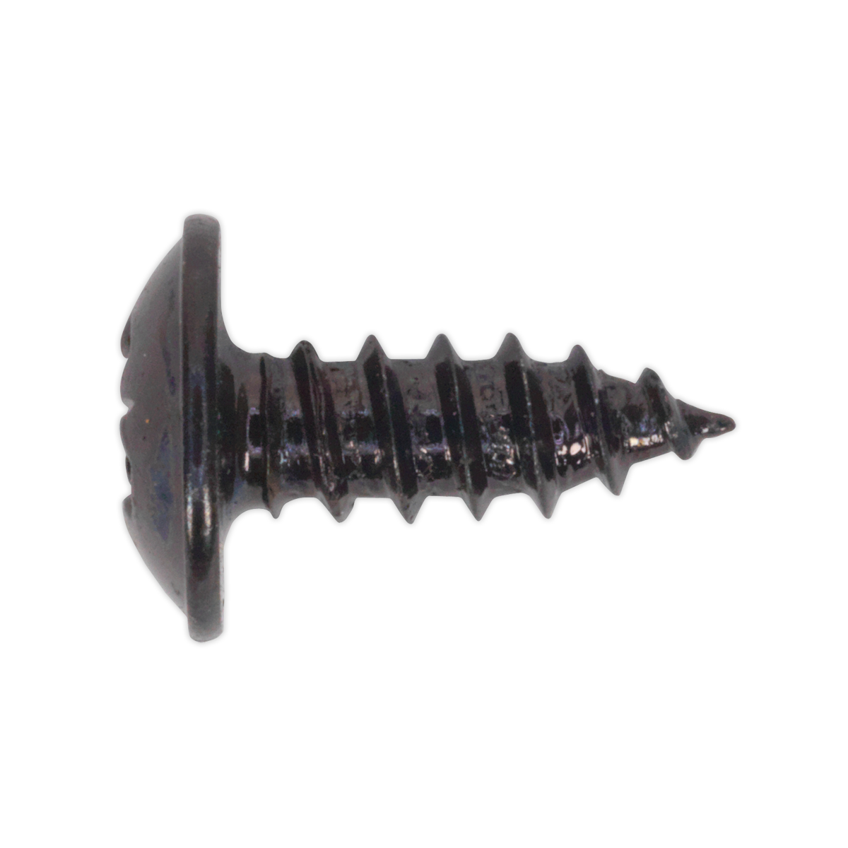 A close-up image of a Sealey Self-Tapping Screw 3.5 x 10mm with a flanged head and threaded shaft, featuring a black Pozi drive and pointed tip, available in a pack of 100 (BST3510).