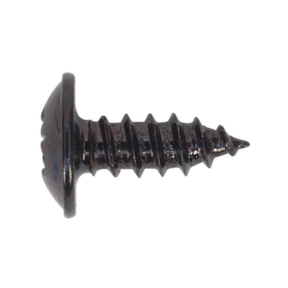 A close-up image of a Sealey Self-Tapping Screw 3.5 x 10mm with a flanged head and threaded shaft, featuring a black Pozi drive and pointed tip, available in a pack of 100 (BST3510).