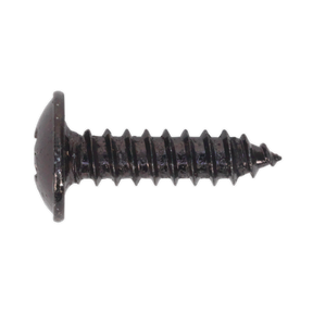 Close-up of a black Sealey self-tapping screw, featuring a flat-headed design with coarse threads for fastening materials. This 4.2 x 16mm flanged Pozi head screw ensures extra stability and comes in a convenient pack of 100, model BST4216.