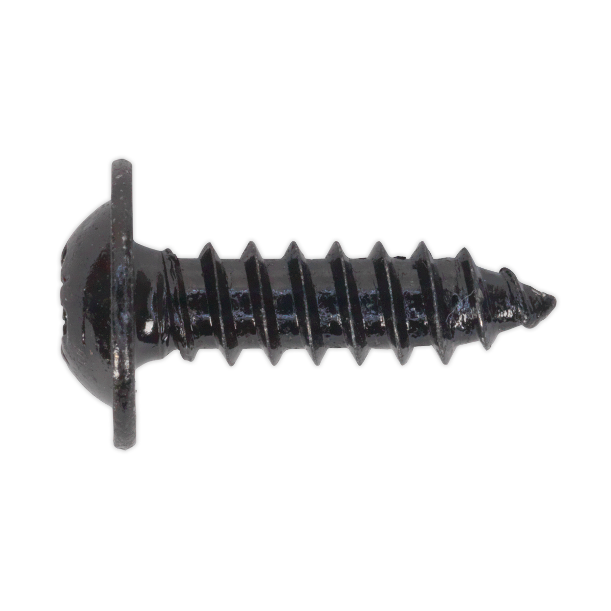 A pack of 100 Sealey Self-Tapping Screws (BST4816), sized 4.8 x 16mm with flanged heads and black Pozi designs, perfect for fastening materials.