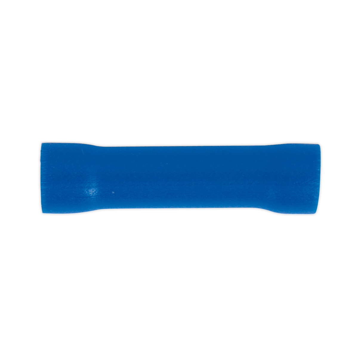 The Sealey Butt Connector Terminal Ø4.5mm Blue Pack of 100 - BT12 features a cylindrical shape with a slightly contoured middle and is designed for cable sizes of 16-14 AWG.