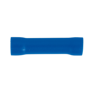 The Sealey Butt Connector Terminal Ø4.5mm Blue Pack of 100 - BT12 features a cylindrical shape with a slightly contoured middle and is designed for cable sizes of 16-14 AWG.