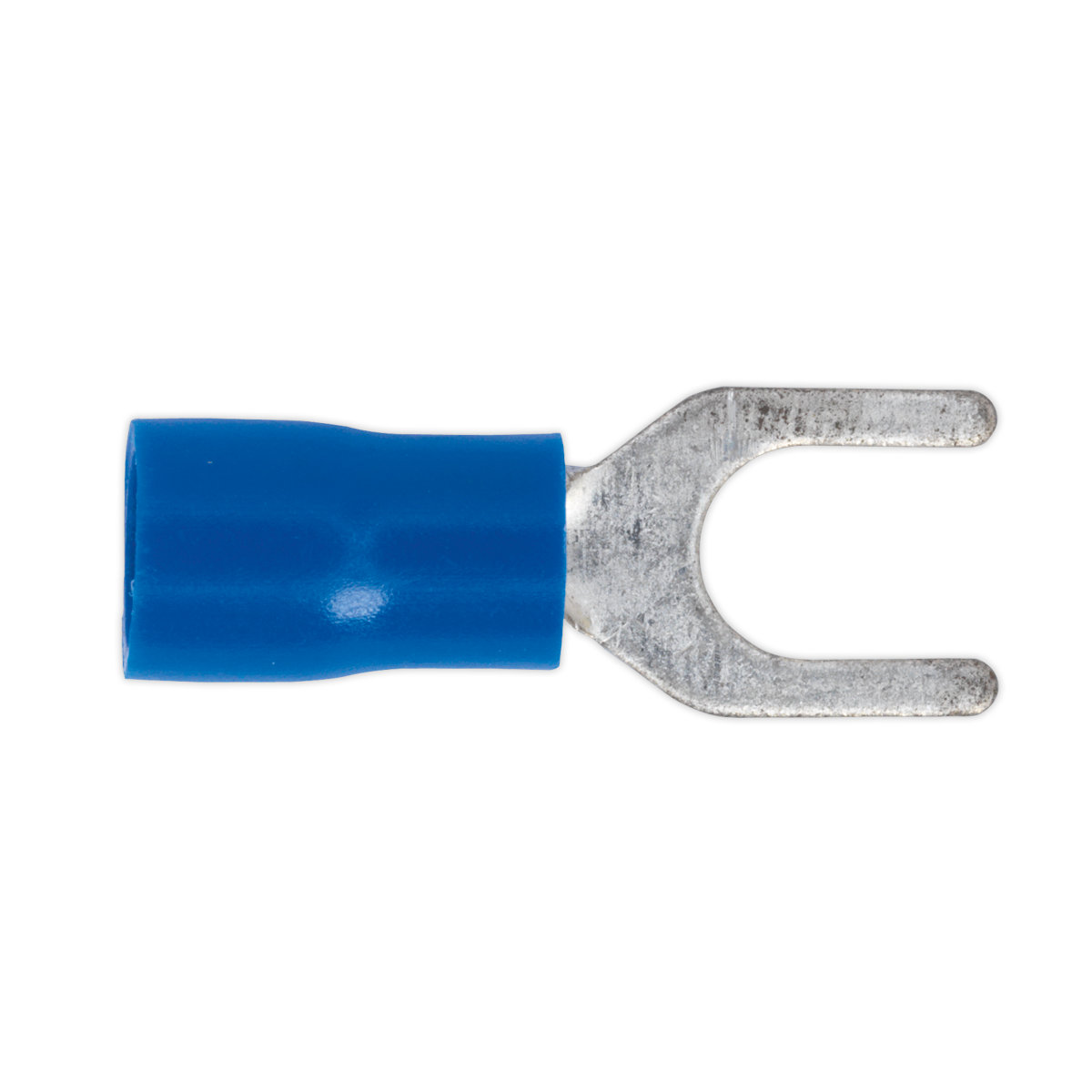 Sealey's Easy-Entry Fork Terminal Ø5.3mm (2BA) Blue Pack of 100 - BT14 is a colour-coded blue insulated metal spade connector with an easy-entry fork terminal end, suitable for cable sizes 16-14 AWG.