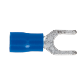 Sealey's Easy-Entry Fork Terminal Ø5.3mm (2BA) Blue Pack of 100 - BT14 is a colour-coded blue insulated metal spade connector with an easy-entry fork terminal end, suitable for cable sizes 16-14 AWG.
