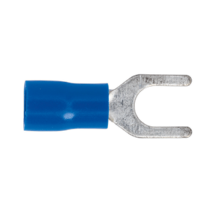 Sealey's Easy-Entry Fork Terminal Ø5.3mm (2BA) Blue Pack of 100 - BT14 is a colour-coded blue insulated metal spade connector with an easy-entry fork terminal end, suitable for cable sizes 16-14 AWG.