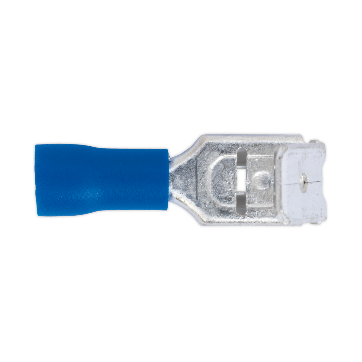 The Sealey Piggy-Back Terminal 6.3mm Blue Pack of 100 - BT17 is a colour-coded blue, 16-14 AWG insulated crimp terminal designed for securely joining electrical wires with a 6.3mm piggy-back metal connector end.