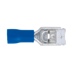 The Sealey Piggy-Back Terminal 6.3mm Blue Pack of 100 - BT17 is a colour-coded blue, 16-14 AWG insulated crimp terminal designed for securely joining electrical wires with a 6.3mm piggy-back metal connector end.
