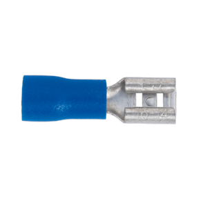 The Sealey Push-On Terminal 4.8mm Female Blue Pack of 100 - BT19 is a blue insulated female spade terminal connector designed for electrical wiring, featuring a metal crimp and clearly marked for cable sizes 16-14 AWG.