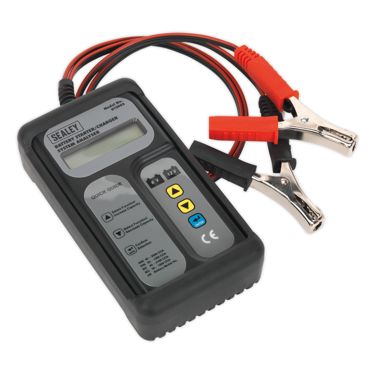 The Sealey Digital Battery & Alternator Tester BT2002, compatible with 6-12V batteries and 6, 12, 24V alternators, features attached red and black alligator clips. It is equipped with a small display screen and several buttons for battery diagnosis. The “Sealey” brand name is prominently displayed on the top.