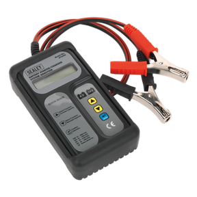 The Sealey Digital Battery & Alternator Tester BT2002, compatible with 6-12V batteries and 6, 12, 24V alternators, features attached red and black alligator clips. It is equipped with a small display screen and several buttons for battery diagnosis. The “Sealey” brand name is prominently displayed on the top.