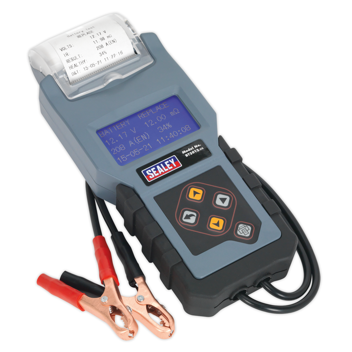 The Digital Battery & Alternator Tester with Printer 12V - BT2012 by Sealey features a digital display, control buttons, and an attached printer, complete with red and black clamp cables for precise battery diagnosis.