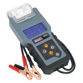 The Digital Battery & Alternator Tester with Printer 12V - BT2012 by Sealey features a digital display, control buttons, and an attached printer, complete with red and black clamp cables for precise battery diagnosis.