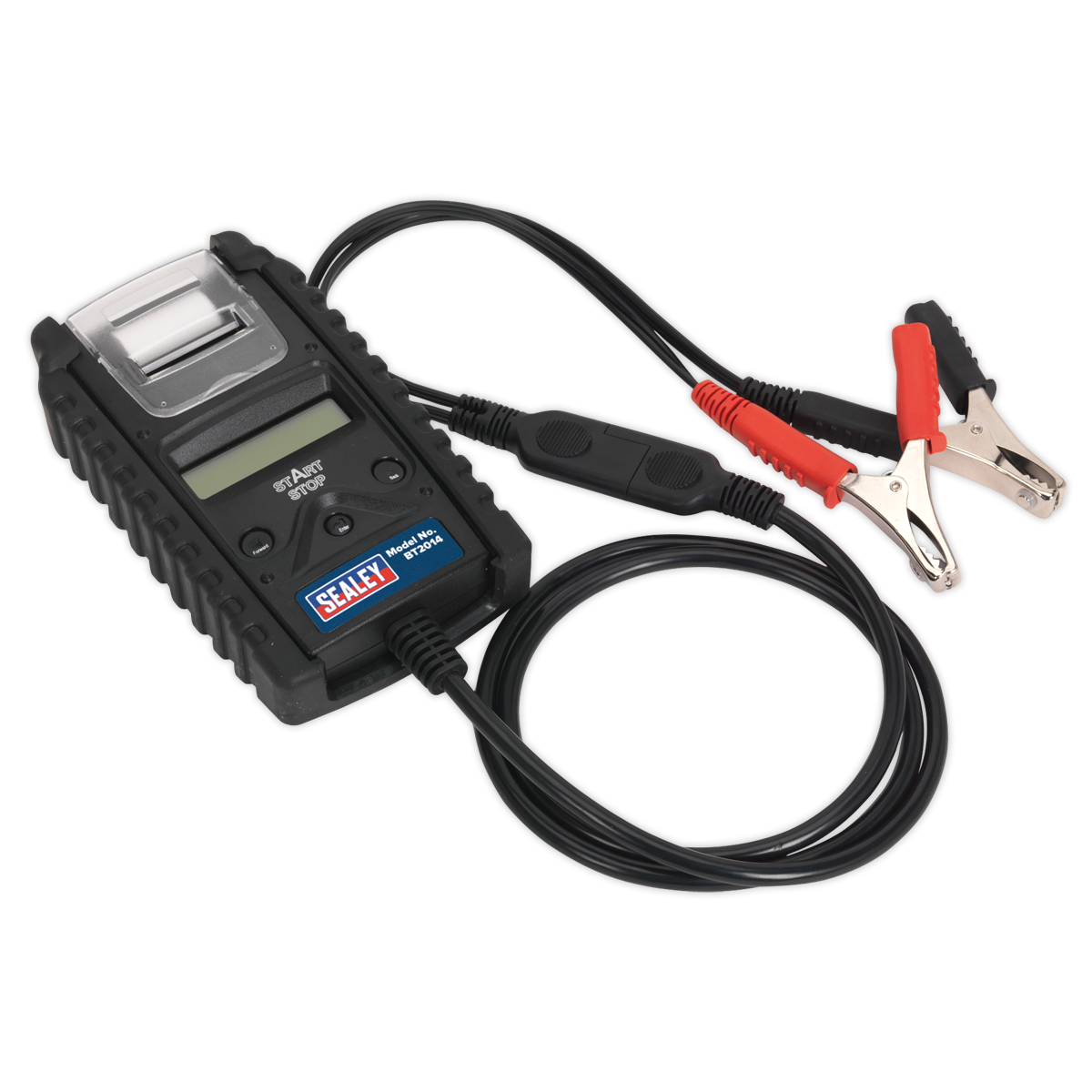 The Sealey Digital Start/Stop Battery & Alternator Tester with Printer 6/12/24V - BT2014 is equipped with an LCD screen, buttons, attached cables, and alligator clips for comprehensive battery diagnosis and result printing.