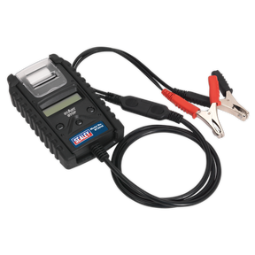 The Sealey Digital Start/Stop Battery & Alternator Tester with Printer 6/12/24V - BT2014 is equipped with an LCD screen, buttons, attached cables, and alligator clips for comprehensive battery diagnosis and result printing.