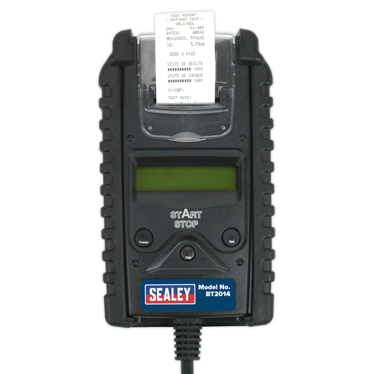 The Sealey Digital Start/Stop Battery & Alternator Tester with Printer 6/12/24V (model number BT2014) features a built-in printer that shows printed test results, a digital display screen, and clearly labeled buttons. It offers advanced battery diagnosis and charging system analysis. The model number BT2014 is visibly marked on the front.