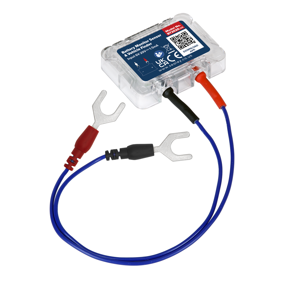 The Sealey Vehicle Finder & Battery Monitor Sensor - BT2020 comes with two blue cables, each ending in red and black connectors. The device features labels and a QR code on its clear plastic casing, providing real-time battery monitoring through a wireless connection app.