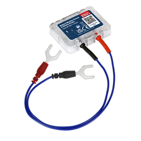 The Sealey Vehicle Finder & Battery Monitor Sensor - BT2020 comes with two blue cables, each ending in red and black connectors. The device features labels and a QR code on its clear plastic casing, providing real-time battery monitoring through a wireless connection app.