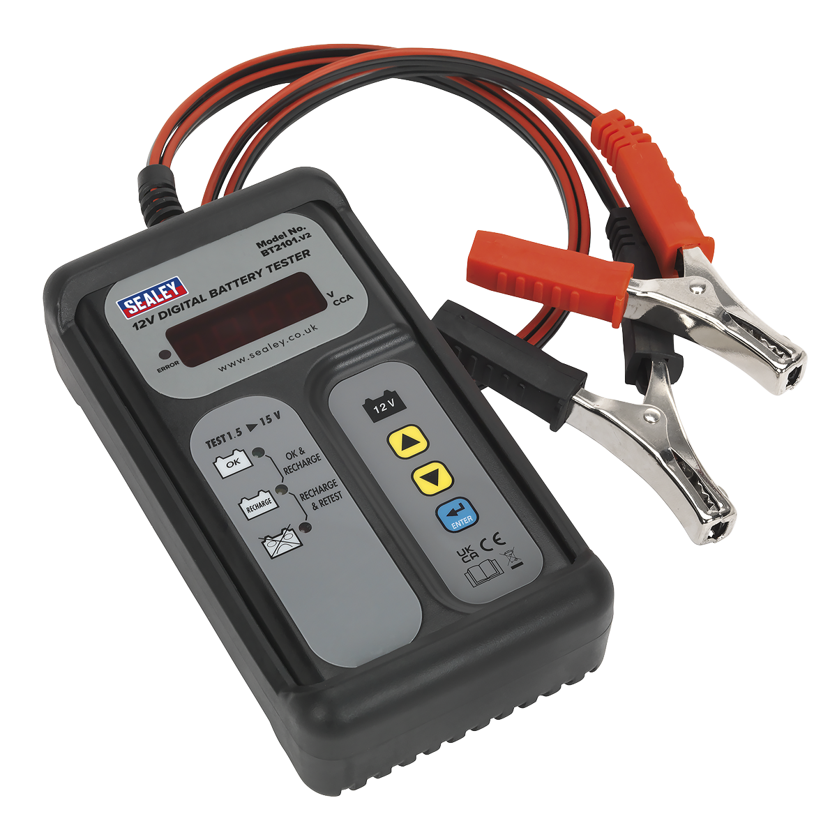 The Sealey Digital Battery Tester 12V - BT2101 comes equipped with clamps and red and black cables, an LCD screen, and buttons labeled with icons and numbers. This device efficiently tests battery condition, providing clear assessments on its display.