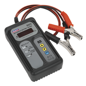 The Sealey Digital Battery Tester 12V - BT2101 comes equipped with clamps and red and black cables, an LCD screen, and buttons labeled with icons and numbers. This device efficiently tests battery condition, providing clear assessments on its display.