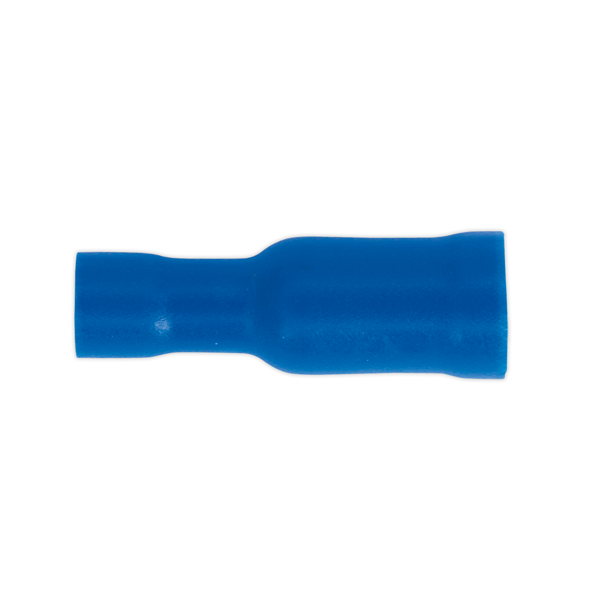 Close-up of a Sealey Female Socket Terminal Ø5mm Blue (BT22) pack of 100, color-coded blue for easy identification, against a white background. Suitable for 16-14 AWG wires.