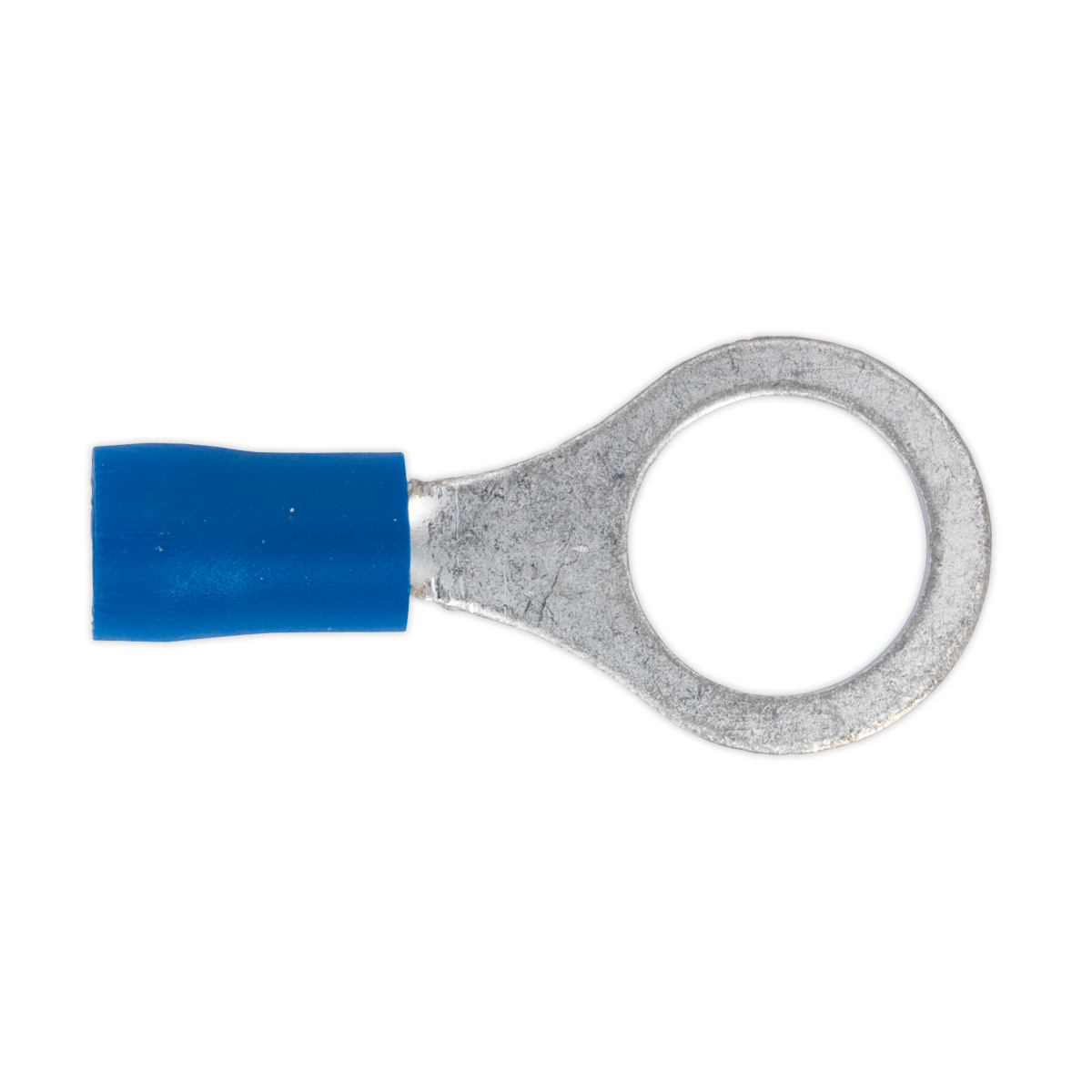 The Sealey Easy-Entry Ring Terminal Ø10.5mm (3/8") Blue, Pack of 100 - BT23, is a colour-coded, blue-insulated ring terminal featuring a metal eyelet designed for cable sizes 16-14 AWG. The eyelet has a circular opening, ideal for connecting to a screw or bolt.