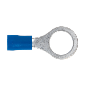 The Sealey Easy-Entry Ring Terminal Ø10.5mm (3/8") Blue, Pack of 100 - BT23, is a colour-coded, blue-insulated ring terminal featuring a metal eyelet designed for cable sizes 16-14 AWG. The eyelet has a circular opening, ideal for connecting to a screw or bolt.