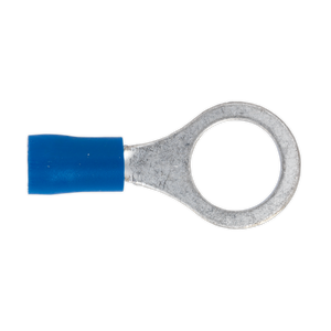 The Sealey Easy-Entry Ring Terminal Ø10.5mm (3/8") Blue, Pack of 100 - BT23, is a colour-coded, blue-insulated ring terminal featuring a metal eyelet designed for cable sizes 16-14 AWG. The eyelet has a circular opening, ideal for connecting to a screw or bolt.